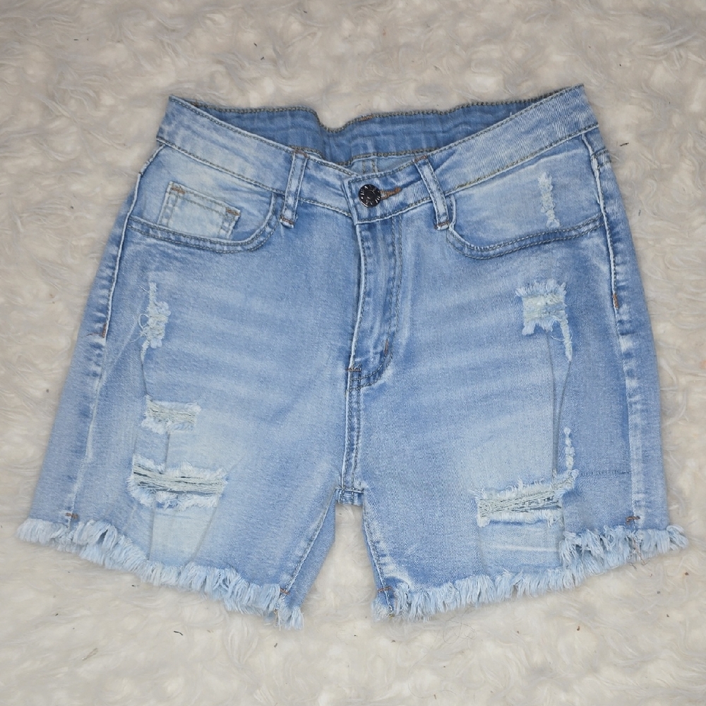 Sky Blue Frayed Hem Denim Shorts